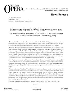 Minnesota Opera's Silent Night to Air On