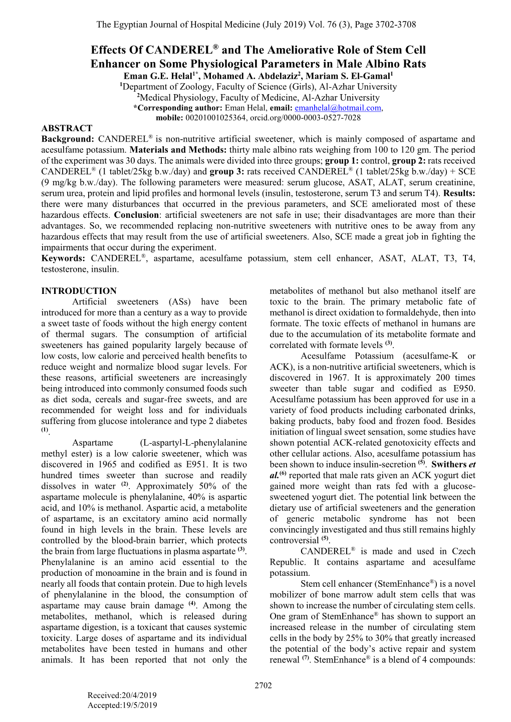 Effects of CANDEREL® and the Ameliorative Role of Stem Cell Enhancer on Some Physiological Parameters in Male Albino Rats Eman G.E