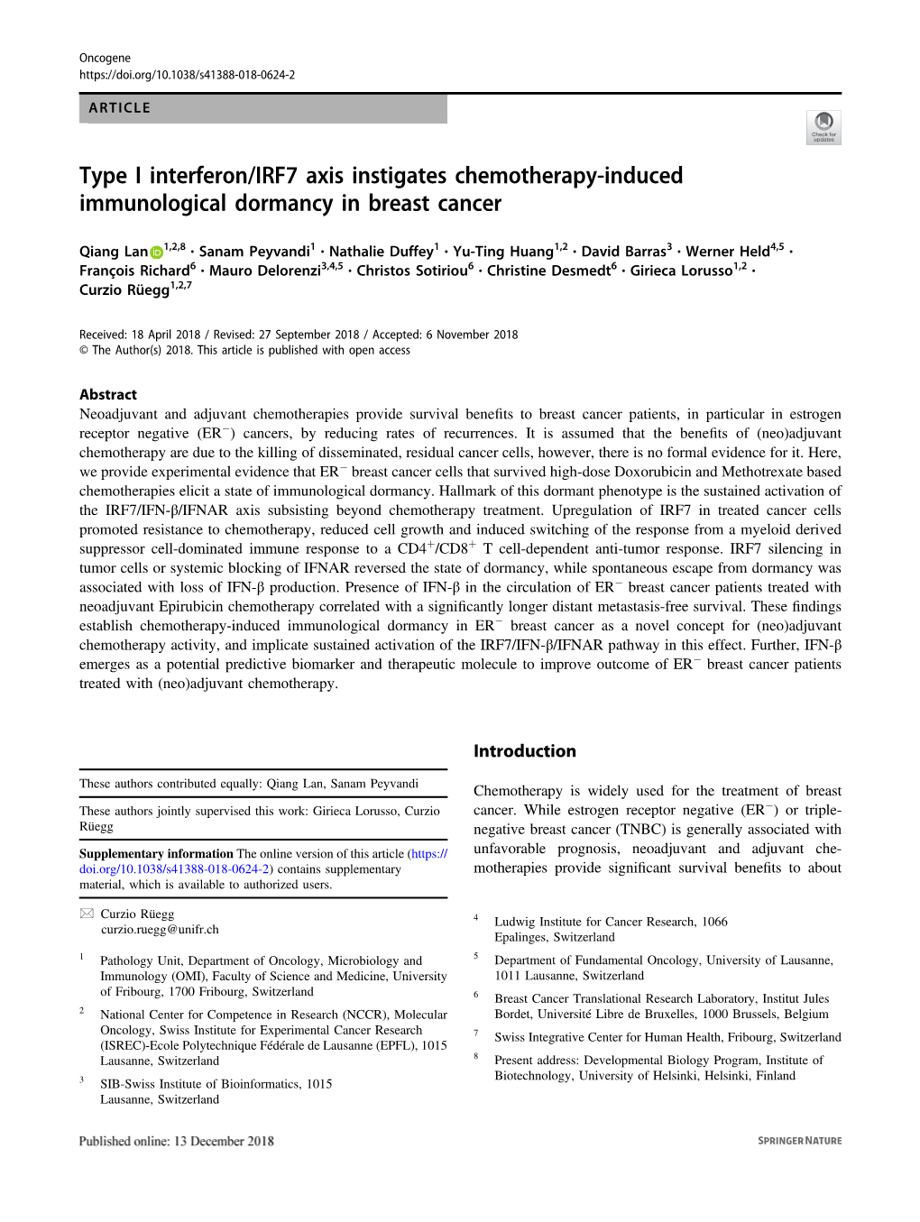 Type I Interferon/IRF7 Axis Instigates Chemotherapy-Induced Immunological Dormancy in Breast Cancer