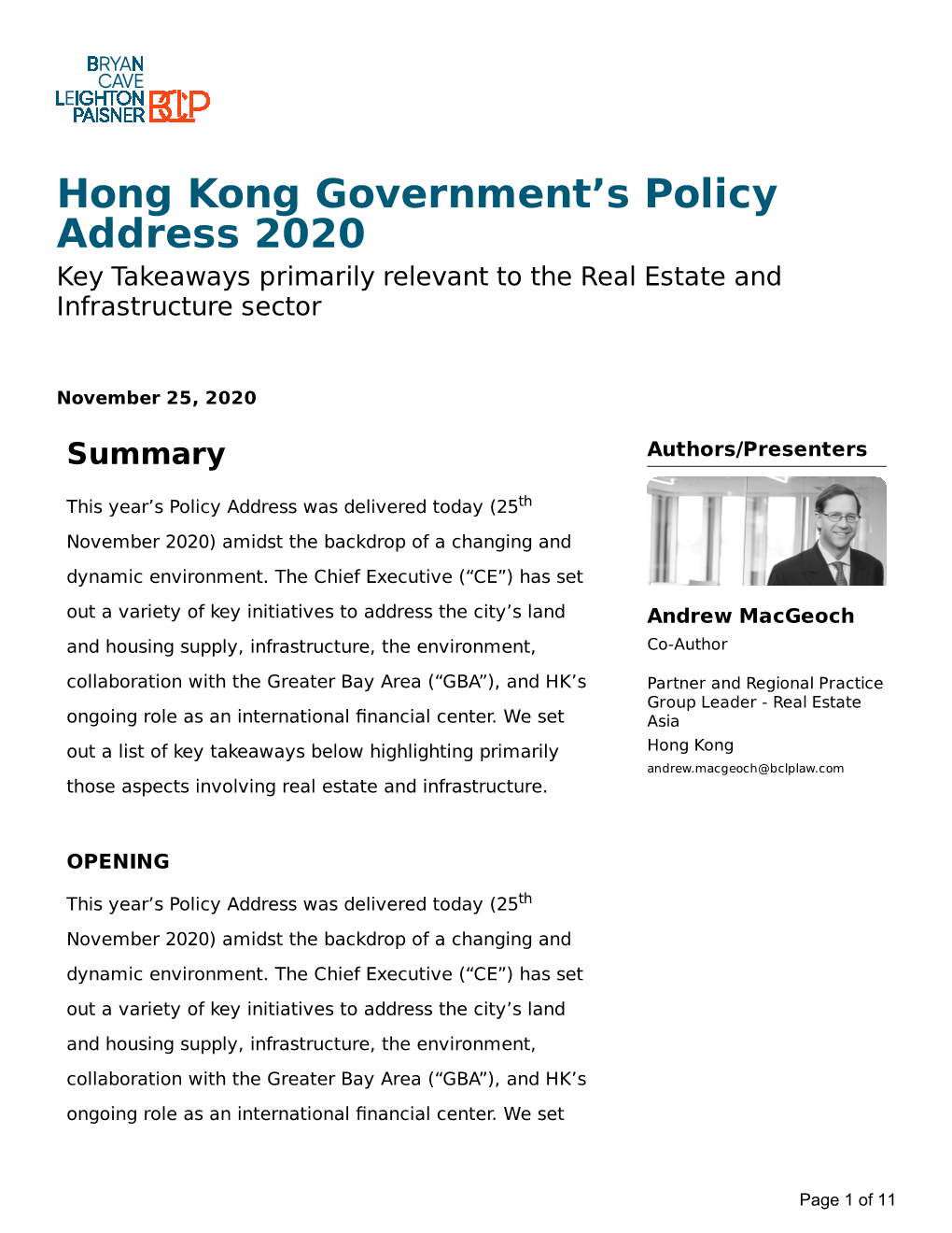 Hong Kong Government's Policy Address 2020