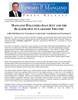 Mangano Welcomes Joan Jett and the Blackhearts to Lakeside Theatre