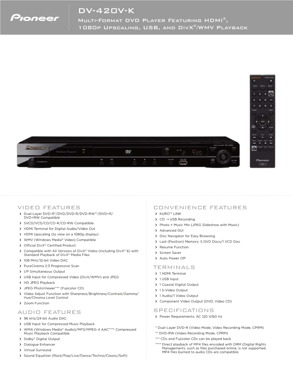 DV-420V-K Multi-Format DVD Player Featuring HDMI®, 1080P Upscaling, USB, and Divx®/WMV Playback