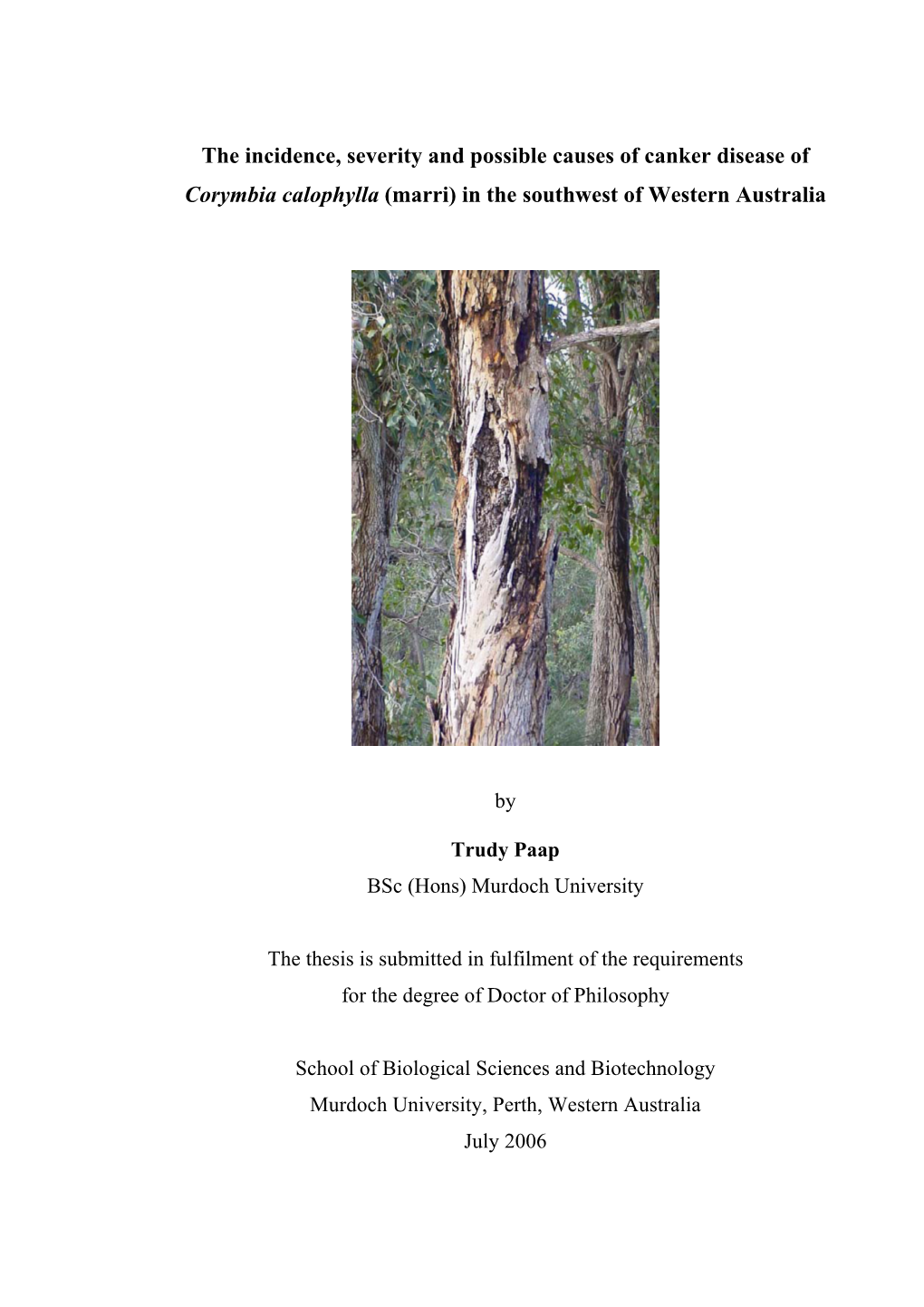 The Incidence, Severity and Possible Causes of Canker Disease of Corymbia Calophylla (Marri) in the Southwest of Western Australia