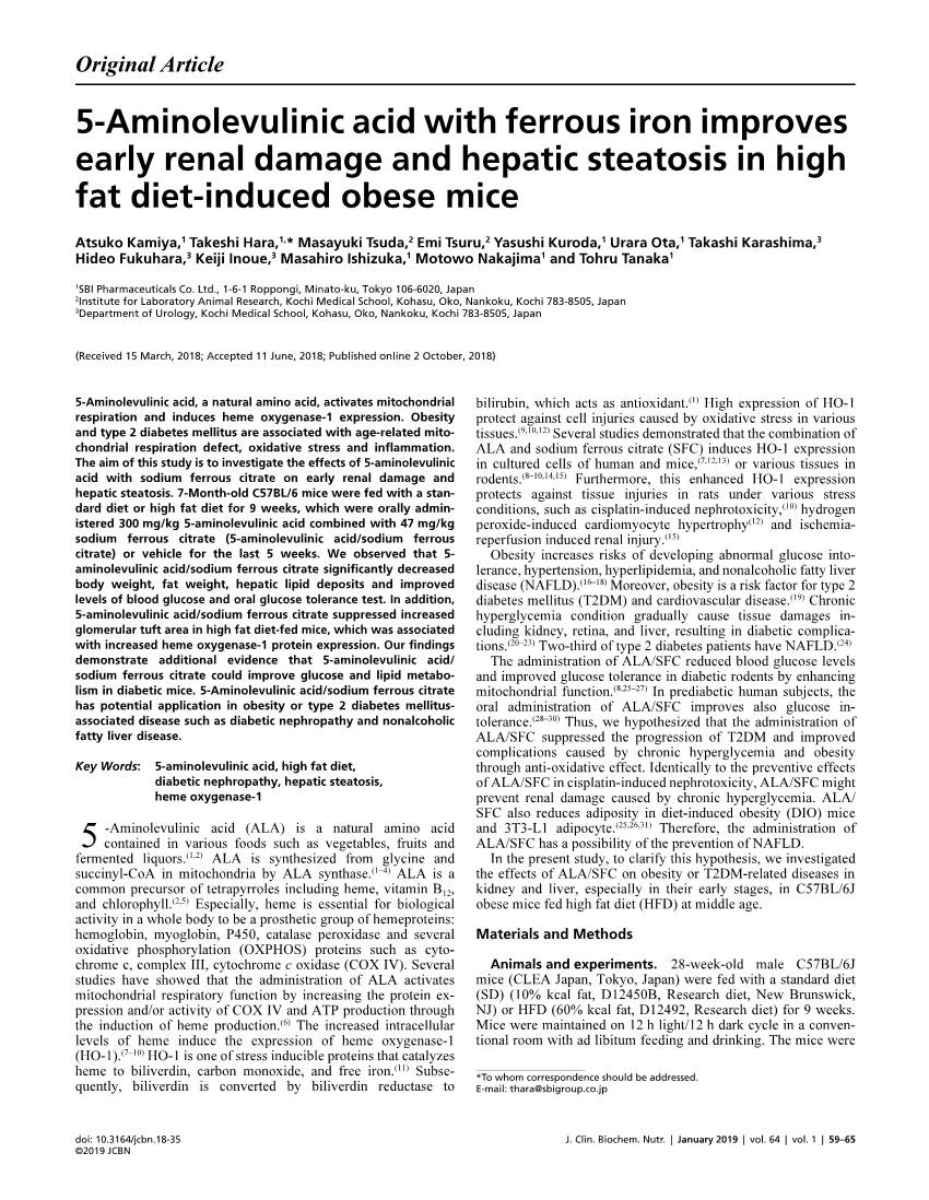 5-Aminolevulinic Acid with Ferrous Iron Improves Early Renal Damage And