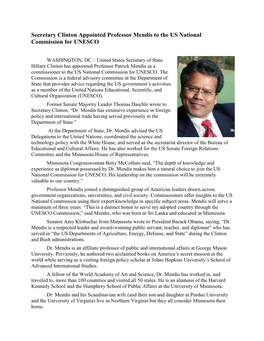 Secretary Clinton Appointed Professor Mendis to the US National Commission for UNESCO