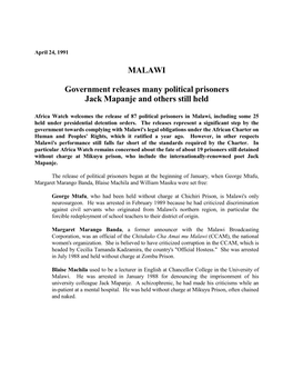 MALAWI Government Releases Many Political Prisoners Jack Mapanje