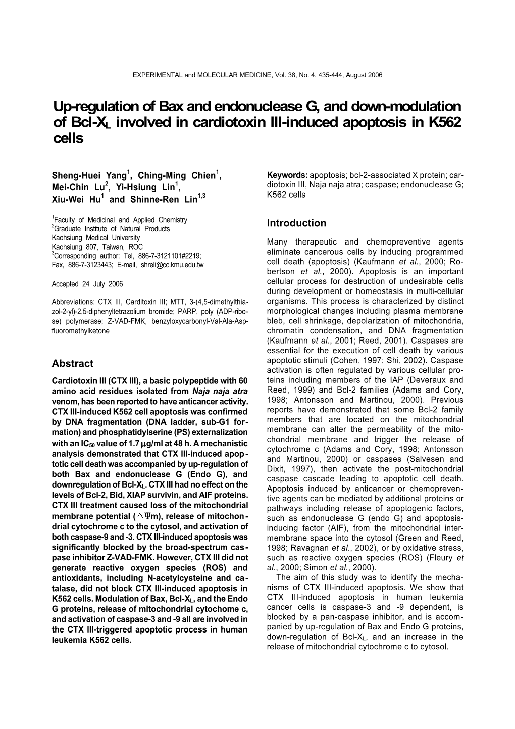 Up-Regulation of Bax and Endonuclease G, and Down-Modulation of Bcl-XL Involved in Cardiotoxin III-Induced Apoptosis in K562 Cells