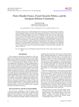 Pierre Mendès France, French Security Politics, and the European Defense Community