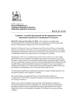 Legislative Assembly Recommends the Re-Appointment of the Information and Privacy Commissioner of Nunavut