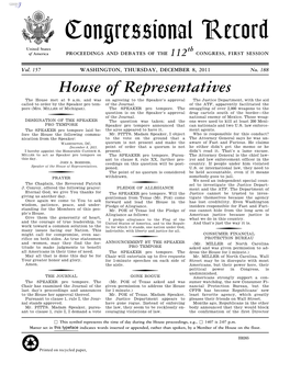 Congressional Record United States Th of America PROCEEDINGS and DEBATES of the 112 CONGRESS, FIRST SESSION