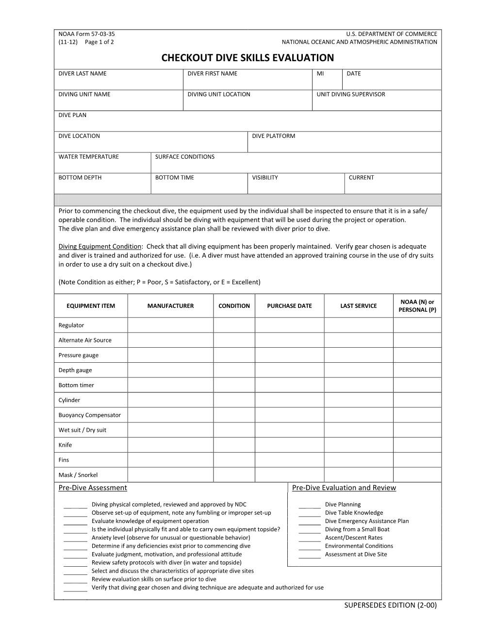 NOAA Form 57-03-35 Checkout Dive Skills Evaluation