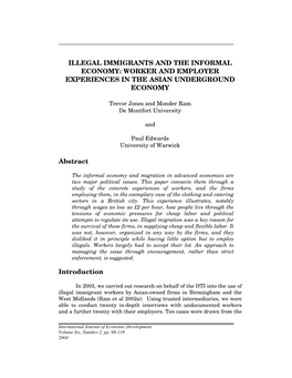 Illegal Immigrants and the Informal Economy: Worker and Employer Experiences in the Asian Underground Economy