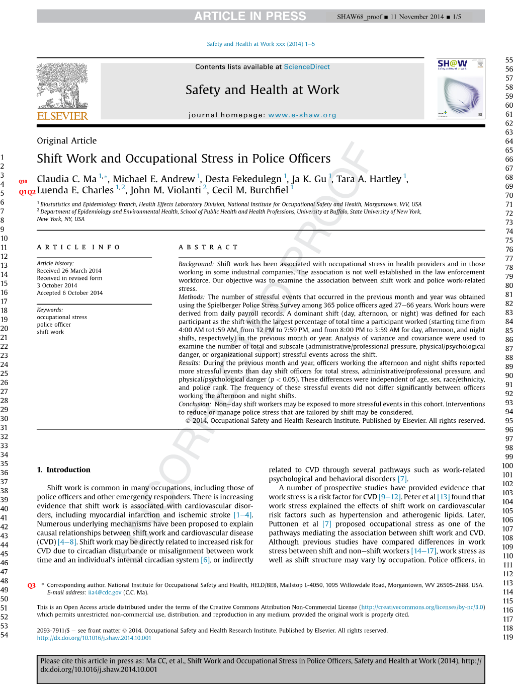 Shift Work and Occupational Stress in Police Officers