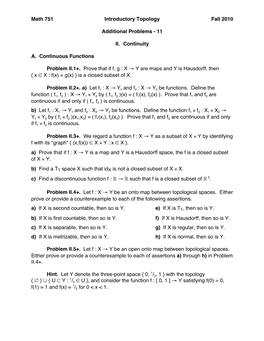 Math 751 Introductory Topology Fall 2010 Additional Problems