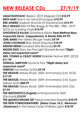 NEW RELEASE Cds 27/9/19