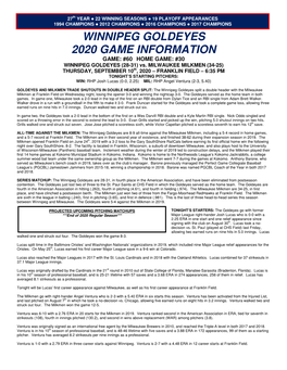 WINNIPEG GOLDEYES 2020 GAME INFORMATION GAME: #60 HOME GAME: #30 WINNIPEG GOLDEYES (28-31) Vs