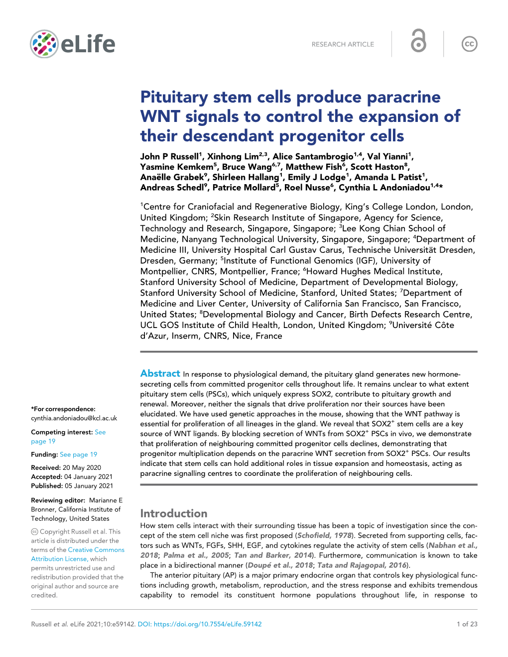 Pituitary Stem Cells Produce Paracrine WNT Signals to Control The