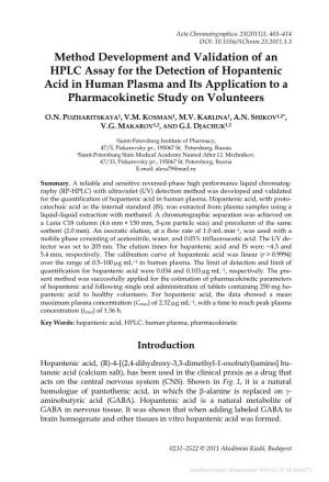Method Development and Validation of an HPLC Assay for the Detection of Hopantenic Acid in Human Plasma and Its Application to a Pharmacokinetic Study on Volunteers