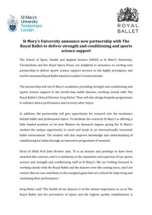 St Mary's University Announce New Partnership with the Royal Ballet To