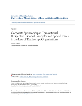 Corporate Sponsorship in Transactional Perspective: General Principles and Special Cases in the Law of Tax Exempt Organizations Frances R