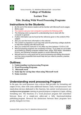 Instructions to the Students: Outlines: Understanding Word Processing Program