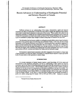 Recent Advances in Understanding of Earthquake Potential and Seismic Hazards in Canada Peter W