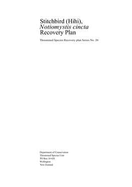 Stitchbird (Hihi), Notiomystis Cincta Recovery Plan