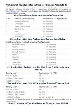 Professional Tax Slab Rates in India for Financial Year 2016