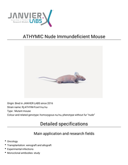 ATHYMIC Nude Immundeficient Mouse Detailed Specifications