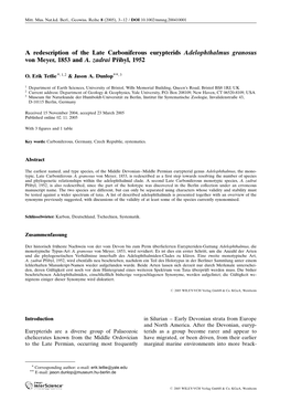 A Redescription of the Late Carboniferous Eurypterids Adelophthalmus Granosus Von Meyer, 1853 and A