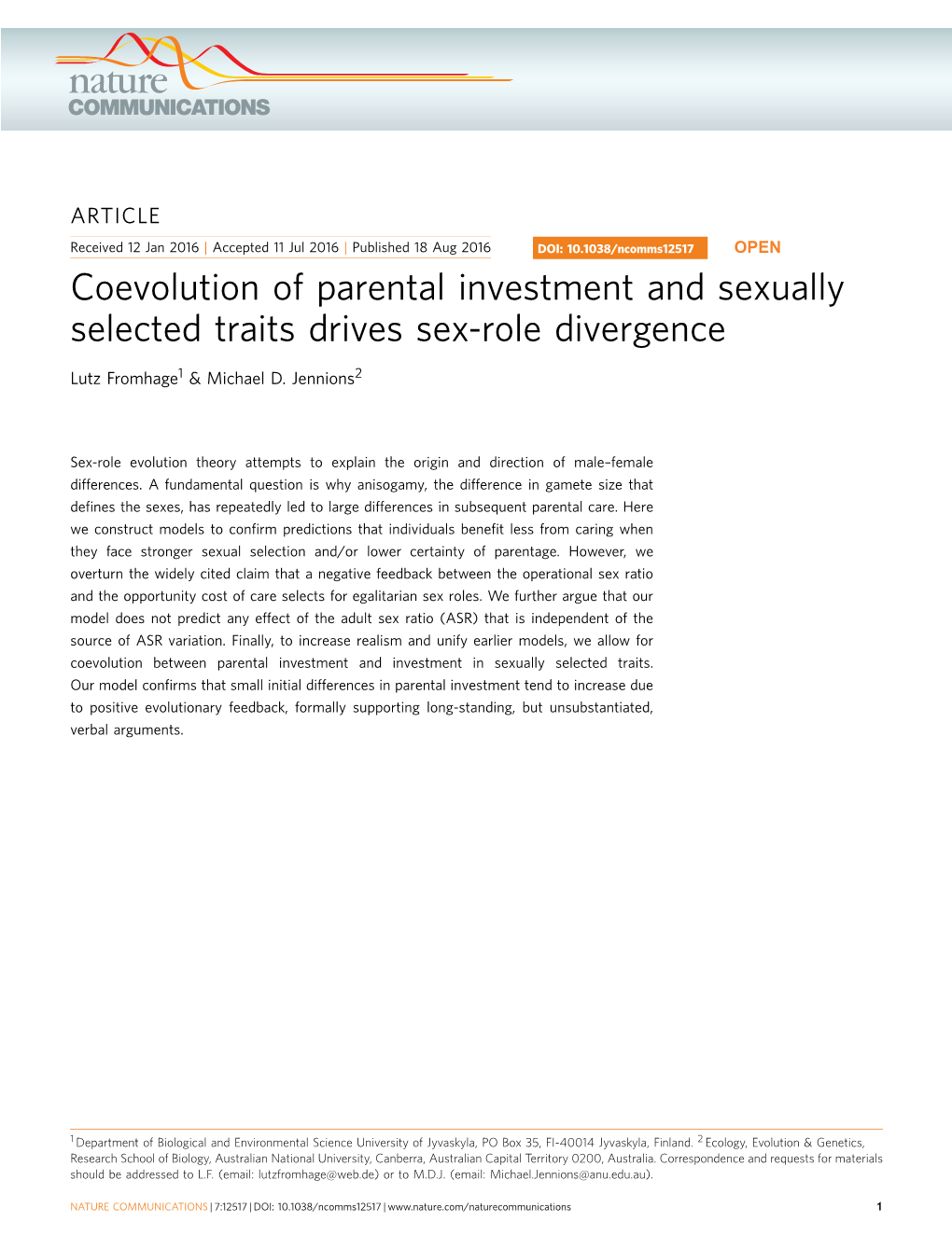 Coevolution of Parental Investment and Sexually Selected Traits Drives Sex-Role Divergence