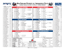 New England Patriots Vs. Indianapolis Colts Sunday, January 18, 2015 • 6:40 P.M