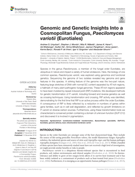 Genomic and Genetic Insights Into a Cosmopolitan Fungus, Paecilomyces Variotii (Eurotiales)