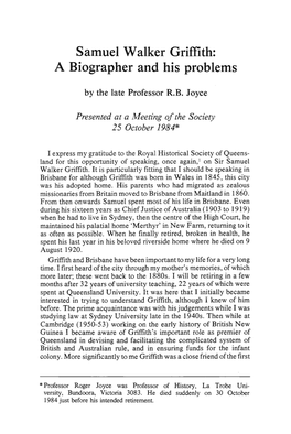 Samuel Walker Griffith: a Biographer and His Problems