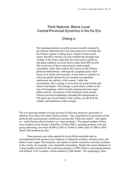 Central-Provincial Dynamics in the Hu Era Cheng Li