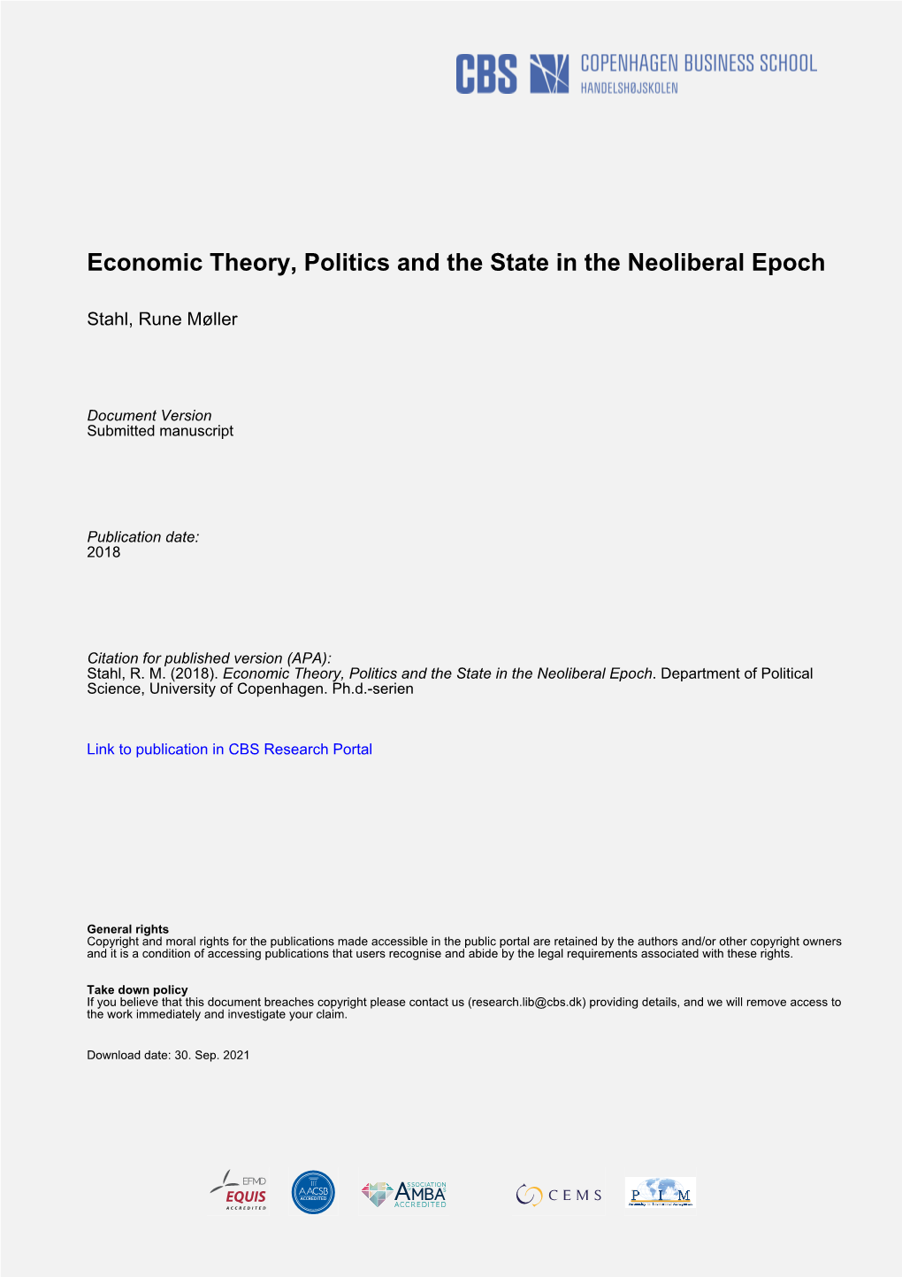 Economic Theory, Politics and the State in the Neoliberal Epoch