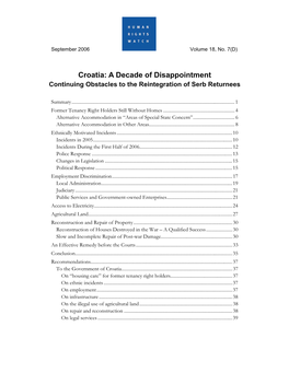 Croatia: a Decade of Disappointment Continuing Obstacles to the Reintegration of Serb Returnees