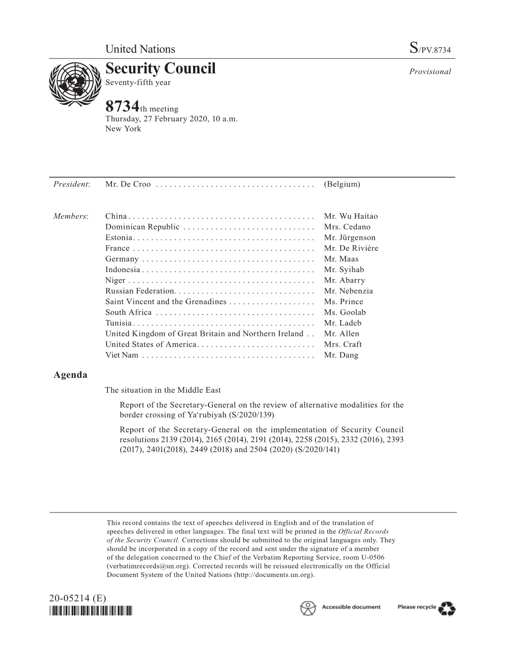 S/PV.8734 the Situation in the Middle East 27/02/2020