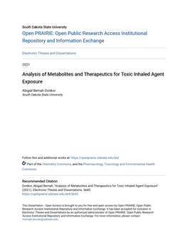 Analysis of Metabolites and Therapeutics for Toxic Inhaled Agent Exposure