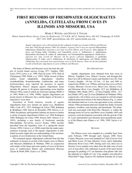 First Records of Freshwater Oligochaetes (Annelida, Clitellata) from Caves in Illinois and Missouri, USA