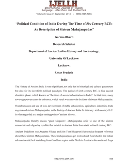 “Political Condition of India During the Time of Six Century BCE: As Description of Sixteen Mahajanpadas”