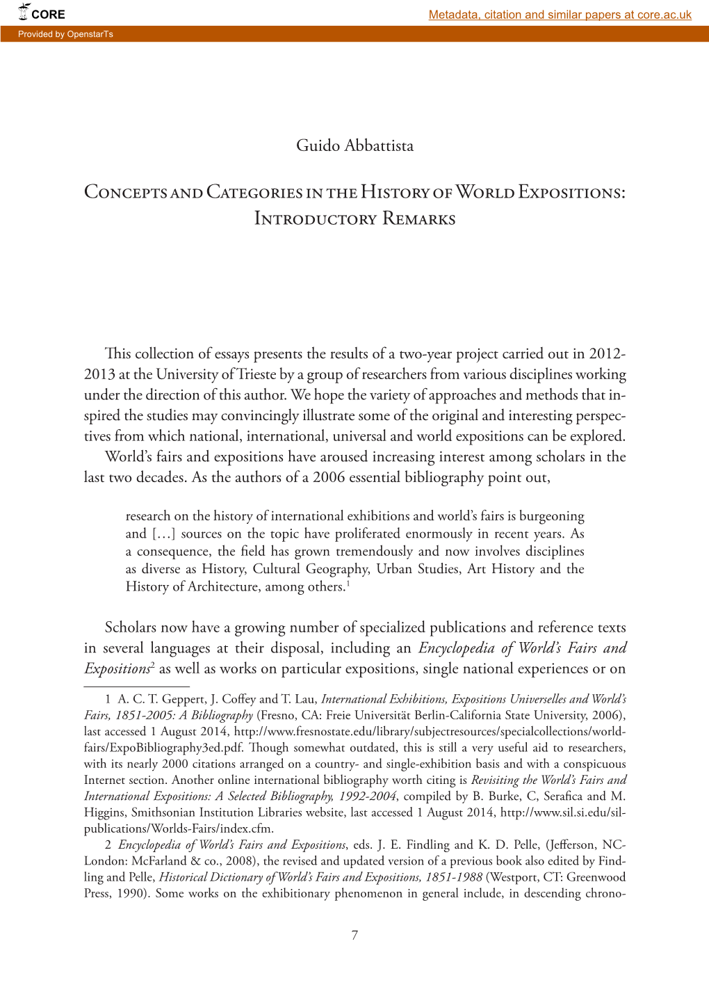 Concepts and Categories in the History of World Expositions: Introductory Remarks