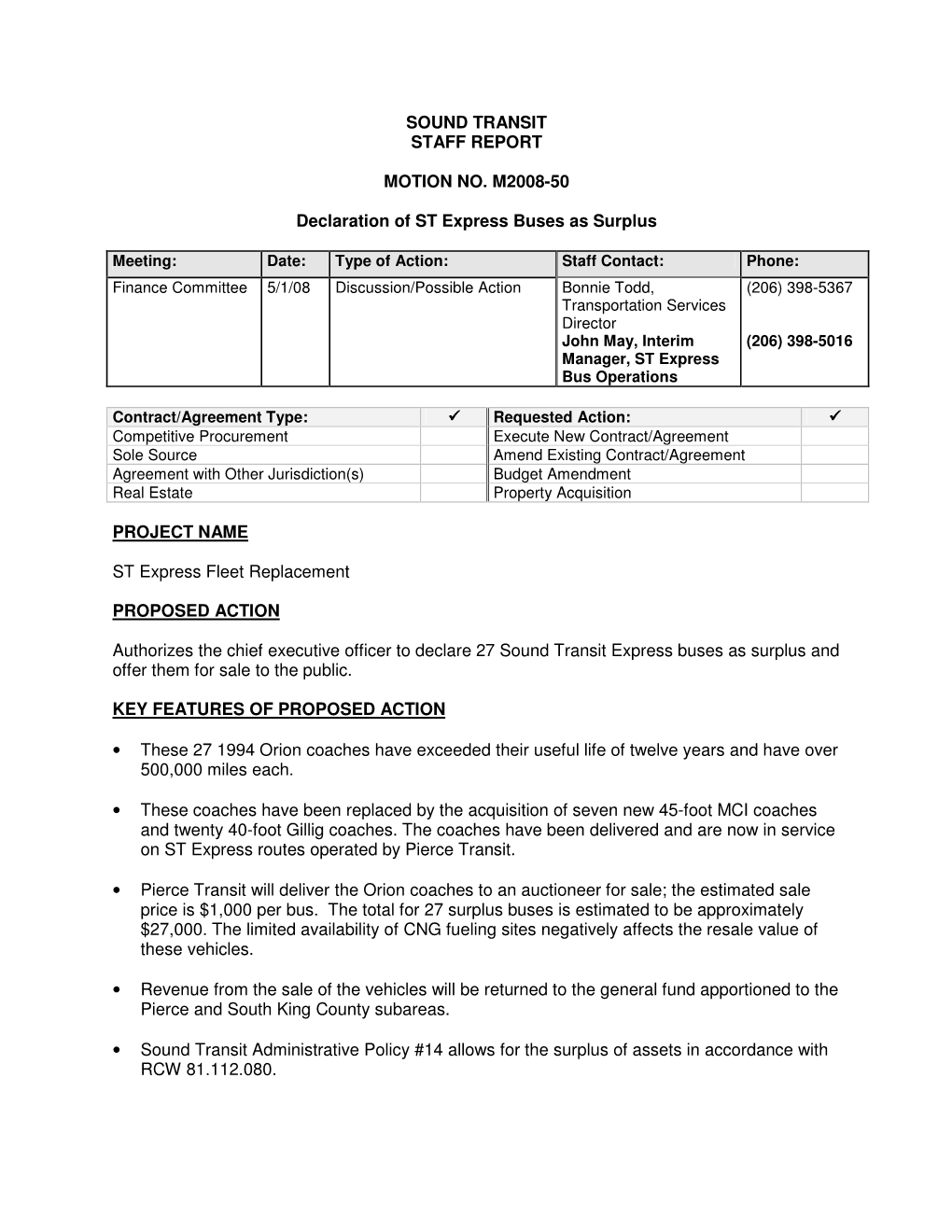 Sound Transit Staff Report Motion No. M2008-50