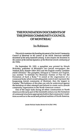 The Foundation Documents of the Jewishcommunity Council of Montreal*