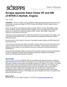 Scripps Appoints Adam Chase VP and GM of WTKR in Norfolk, Virginia