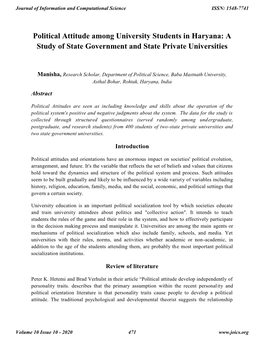 Political Attitude Among University Students in Haryana: a Study of State Government and State Private Universities