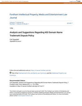 Analysis and Suggestions Regarding NSI Domain Name Trademark Dispute Policy