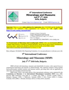 Mineralogy and Museums (MM9) July 5Th-7Th 2020 Sofia, Bulgaria