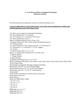 1St Year Diesel and Heavy Equipment Mechanics Required Tool List The