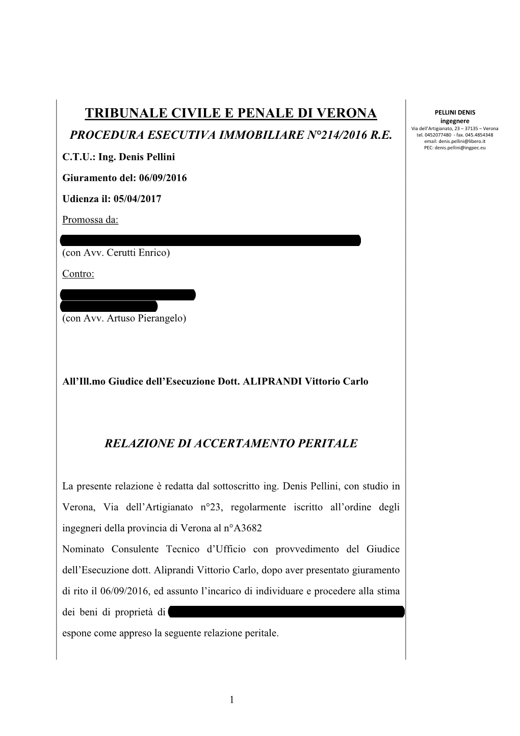 TRIBUNALE CIVILE E PENALE DI VERONA PELLINI DENIS Ingegnere Via Dell’Artigianato, 23 – 37135 – Verona PROCEDURA ESECUTIVA IMMOBILIARE N°214/2016 R.E